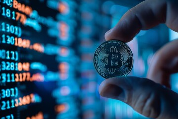 Poster - A hand holds a physical Bitcoin coin with the Bitcoin symbol clearly visible. The background is blurred and shows a screen displaying digital code