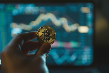 Aufkleber - A hand holds a gold Bitcoin coin in front of a computer screen, the screen displays a blurred chart of a blockchain network
