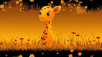 Wall Mural -   A charming giraffe with daisies on its head stands amidst towering grass in the field