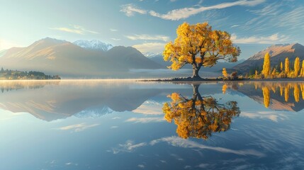 Sticker - As the morning light spreads across Lake Wanaka, the Wanaka tree stands majestically, its reflection creating a mirror image in the tranquil waters of New Zealand.