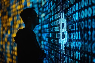 Fototapete - A silhouette of a person stands against a wall of digital binary code featuring a Bitcoin symbol
