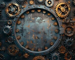Poster - Intricate Steampunk Frame with Gears and Cogs on Metallic Industrial Background