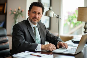 Poster - A professional businessman sits at his desk in a modern office, confidently working on a laptop computer