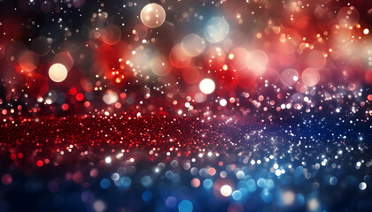 Wall Mural - Abstract red, white, and blue texture lights blue and red glitter scattered across a black surface on a black background Blurred red, white, and blue lights Fourth of July background