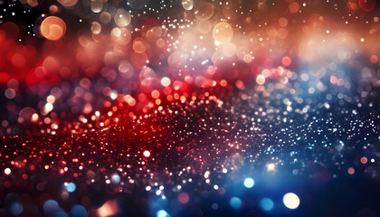 Wall Mural - Abstract red, white, and blue texture lights blue and red glitter scattered across a black surface on a black background Blurred red, white, and blue lights Fourth of July background