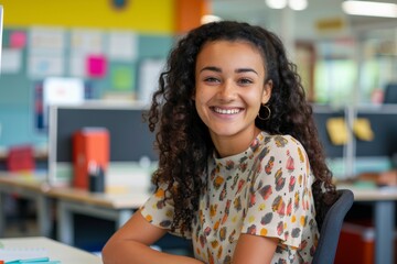 Wall Mural - A young woman with curly hair sits at her new office desk and smiles at the camera