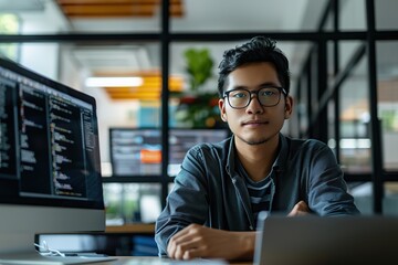 Poster - Young professional at workstation with computer monitors.