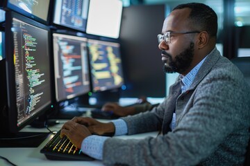 Poster - Focused programmer coding on multiple computer screens