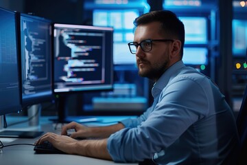 Poster - Man in blue shirt programming in dark tech environment.