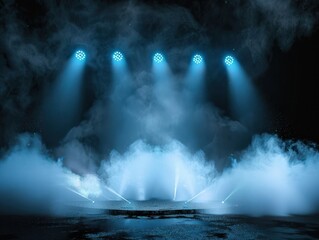 Illuminated stage with scenic lights and smoke. Blue vector spotlight with smoke volume light effect on black background. Stadium cloudiness projector, Generative AI