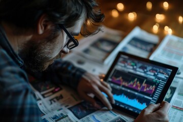 Poster - a worried investor with a beard and glasses checks a digital tablet displaying a declining stock mar