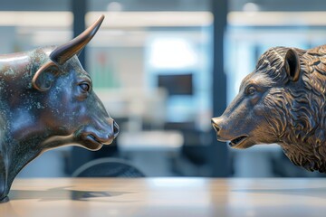 Aufkleber - In a modern office, a bronze bull and bear sculpture symbolize financial market forces, representing volatility and uncertainty in trading and investing