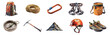 © Mr. Stocker - Complete set of essential rock climbing gear including backpack, rope, carabiner, harness, chalk bag, compass, ice axe, mountain, helmet, and shoes - isolated transparent png