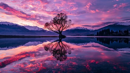 Sticker - At sunrise, the Wanaka tree reflects in the still waters of Lake Wanaka, creating a stunning, symmetrical scene that captures the essence of Wanaka, New Zealand.