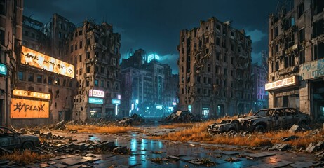 Wall Mural - abandoned buildings cyberpunk dystopian city derelict post apocalyptic overgrown town ruins street at night in autumn. littered with debris, rubble, junk, and old cars.