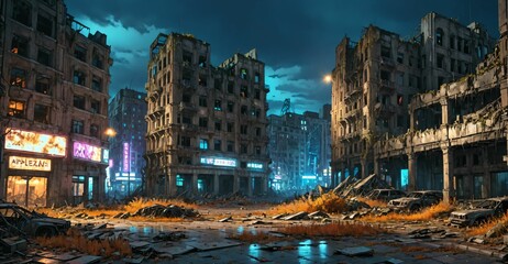 Wall Mural - abandoned buildings cyberpunk dystopian city derelict post apocalyptic overgrown town ruins street at night in autumn. littered with debris, rubble, junk, and old cars.