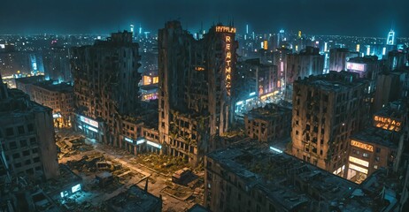 Wall Mural - abandoned dystopian cyberpunk city ruins derelict buildings and towers at night. urban town district overgrown building exterior cityscape.