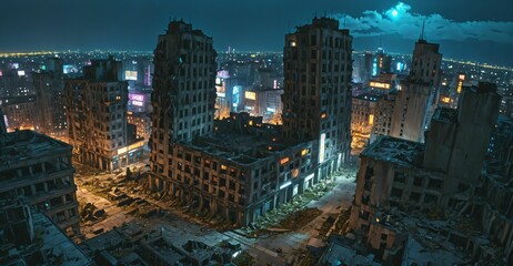 Wall Mural - abandoned dystopian cyberpunk city ruins derelict buildings and towers at night. urban town district overgrown building exterior cityscape.