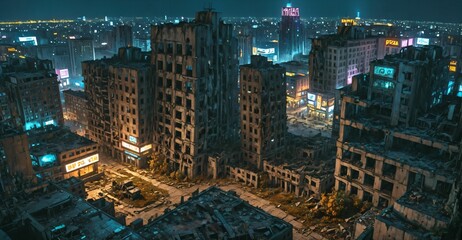 Wall Mural - abandoned dystopian cyberpunk city ruins derelict buildings and towers at night. urban town district overgrown building exterior cityscape.