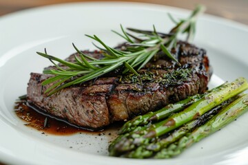 Wall Mural - A close-up image of a juicy grilled steak with grill marks, served with roasted asparagus and a sprig of rosemary on a white plate