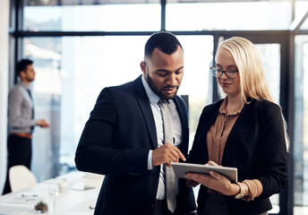 Fototapete - Office, business people and teamwork with tablet for reading, company research and info on website. Boardroom, collaboration and project manager with worker for corporate feedback, scroll and review