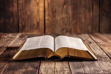 Wall Mural - A golden-edged Bible lies open on a rustic wooden table, with some passages highlighted in yellow. The book is positioned with the pages open to reveal the text within