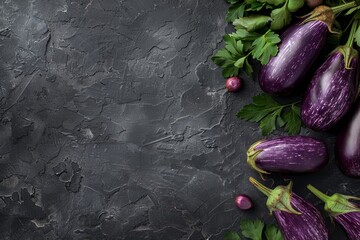 Poster - Several whole eggplants and parsley leaves are arranged on a black textured surface