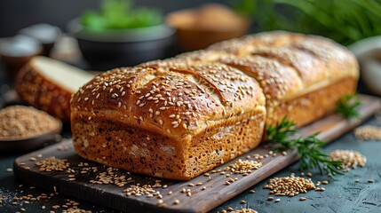 Wall Mural - **Freshly baked whole grain bread on a wooden background