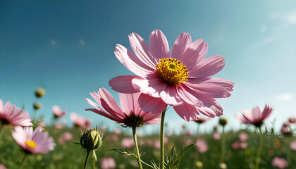 Vintage landscape nature background of a beautiful cosmos flower field under a sky filled with sunlight in spring.