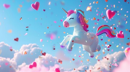 Wall Mural - Create a 3D, cute unicorn with a glittery, rainbow mane, prancing through a sky filled with heart-shaped clouds and Valentine's Day confetti.