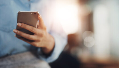 Poster - Business, girl and smartphone in hand or office for trend research by creative agency for media internship and job. Phone, woman and online for post schedule, influencer outreach and content creation