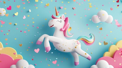 Wall Mural - Create a 3D, cute unicorn with a glittery, rainbow mane, prancing through a sky filled with heart-shaped clouds and Valentine's Day confetti.