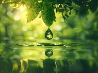 Poster - Serene Water Droplet with Forest Reflection in Green Nature Landscape