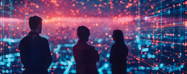 Poster - professionals collaborating in a futuristic virtual space with artificial intelligence