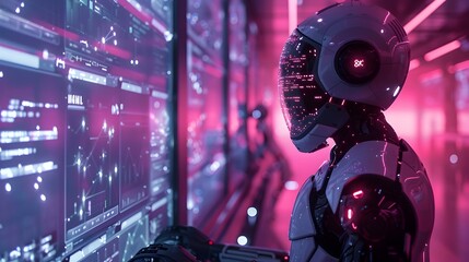 Poster - humanoid assisting in high tech office with holographic displays and efficient workflow