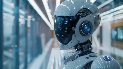 Poster - humanoid assistant streamlining high tech office workflows with holographic displays
