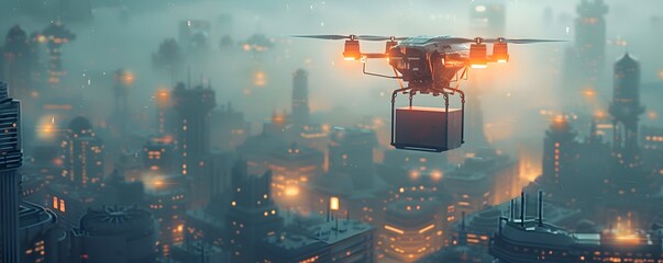 Poster - ai powered drone delivering package in sleek futuristic urban cityscape at night