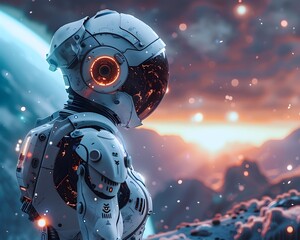 Poster - ai driven space robots and drones analyzing a distant icy planet