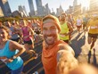 © Johannes - Marathon runner takes selfie with city backdrop among other runners in crowd. Concept Marathon Running, Selfie, City Backdrop, Group of Runners, Fitness Community