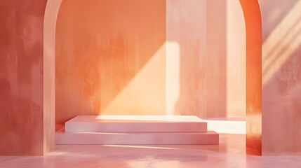 Canvas Print - Peach pastel luxury studio gradient wall and floor background in empty room with bright light. 