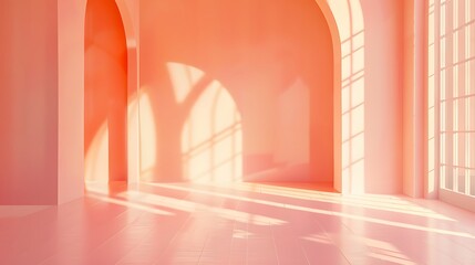 Wall Mural - Peach pastel luxury studio gradient wall and floor background in empty room with bright light. 