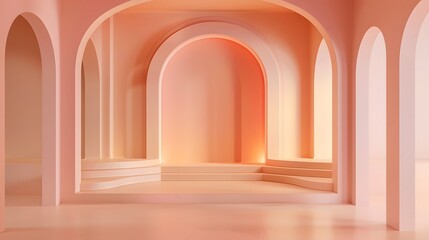 Canvas Print - Peach pastel luxury studio gradient wall and floor background in empty room with bright light. 