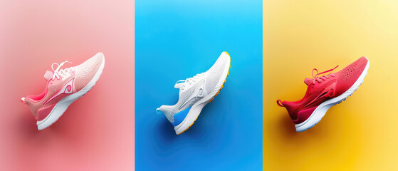 A flat lay of three colorful running shoes on pastel-colored backgrounds, showcasing the diversity and beauty in fashion for sportswear.