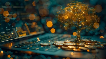 Poster - golden tree of wealth growing from digital device financial growth concept