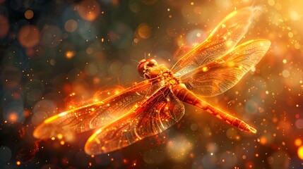 Wall Mural - vibrant dragonfly with fiery mythical wings on glowing background