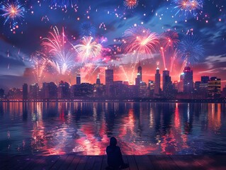 Sticker - Vibrant Fireworks Explode over Glimmering City Skyline with Reflections on Water