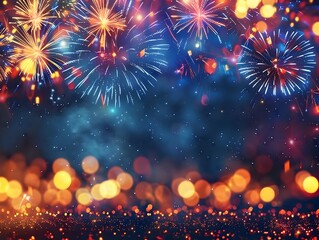 Poster - Vibrant Fireworks Display Over Lively Festival with Captivating Colors and Festive Atmosphere