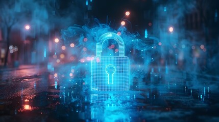 Poster - glowing digital padlock icon with futuristic neon lights on dark cybersecurity background