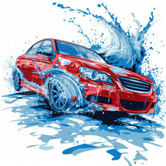 A vibrant illustration of a red car in a dynamic water splash scene. The artwork features bold colors and energetic movement, capturing the excitement and speed of the vehicle.