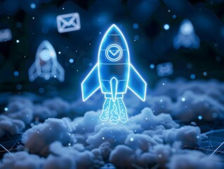 Poster - rocket shaped email icon symbolizing fast and efficient communication in vibrant neon lights